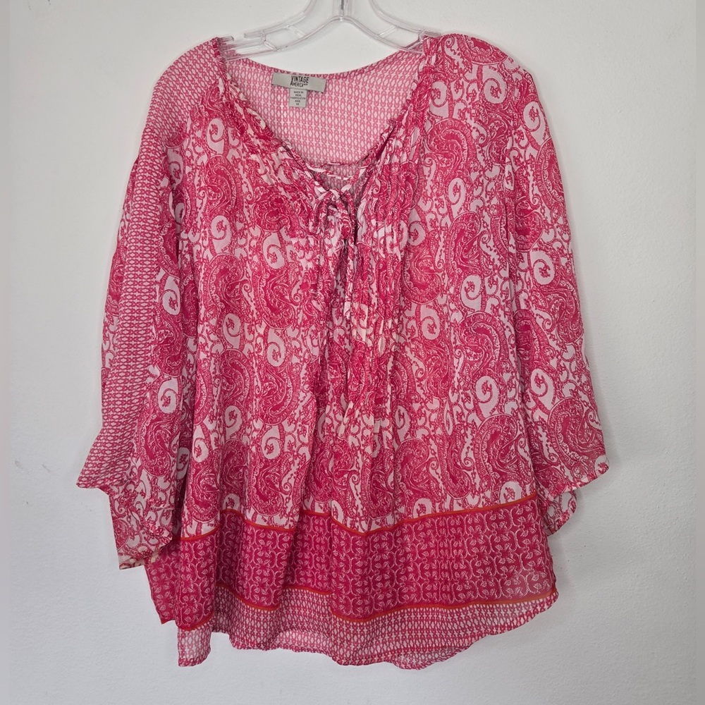 Vintage America Blues | Boho Paisley Blouse | Size 1X |Pink Sheer Top Tie Neck